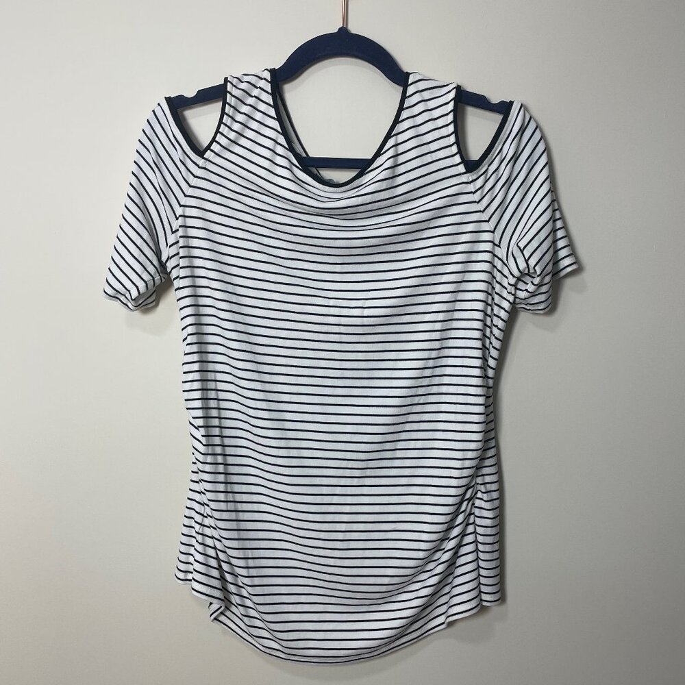 White House Black Market Cold Shoulder Striped Knit Top in Black and White